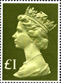 High Value Definitive £1 Stamp (1977) Head, Olive Green - tint, pale greenish yellow