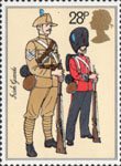 The British Army 28p Stamp (1983) Sergeant (khaki service uniform) and Guardsman (full dress), The Irish Guards (1900)