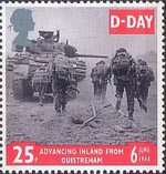50th Anniversary of D-Day 25p Stamp (1994) Tank and Infantry advancing, Ouistreham