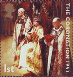 50th Anniversary of Coronation 1st Stamp (2003) Queen Elizabeth II in Coronation Chair with Bishops of Durham and Bath & Wells