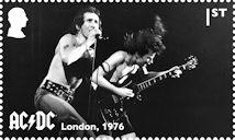 AC/DC 1st Stamp (2025) Bon Scott and Angus Young of AC/DC performing in London, UK, 1976