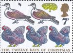 Christmas 1977 7p Stamp (1977) 'Three French Hens. Two Turtle Doves and a Partridge in a Pear Tree'