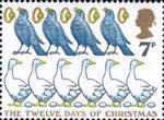 Christmas 1977 7p Stamp (1977) 'Six Geese a laying, Five Gold Rings, Four Colly Birds'