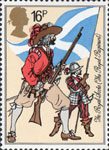 The British Army 16p Stamp (1983) Musketeer and Pikeman, The Royal Scotts (1633)