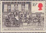 The Royal Mail 16p Stamp (1984) Holyhead and Liverpool Mails leaving London, 1828