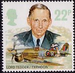 The Royal Air Force 22p Stamp (1986) Lord Tedder and Hawker Typhoon 1B