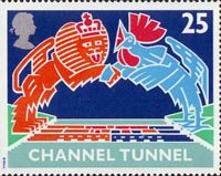 Opening of Channel Tunnel 25p Stamp (1994) British Lion and French Cockerel over Tunnel