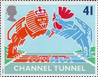 Opening of Channel Tunnel 41p Stamp (1994) British Lion and French Cokerel over Tunnel