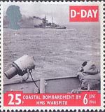 50th Anniversary of D-Day 25p Stamp (1994) H.M.S. Warspite (Battleship) shelling Enemy Positions