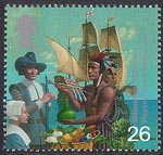 Settlers Tale 26p Stamp (1999) Pilgrim Fathers and Red Indian (17th century migration to America)