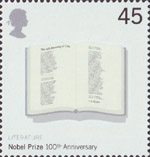 The Nobel Prize 45p Stamp (2001) Poem 'The Adressing of Cats' by T.S.Eliot in Open Book (Literature)