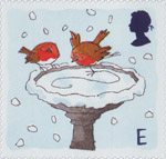 Christmas 2001 E Stamp (2001) Robins skating on Bird Bath