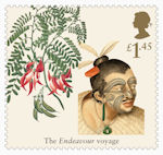Captain Cook and Endeavour £1.45 Stamp (2018) Clianthus puniceus (Scarlet Clianthus)