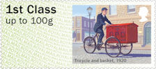Post & Go : Royal Mail Heritage : Mail by Bike 1st Stamp (2018) Tricycle and basket, 1920
