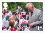 HRH The Prince of Wales : 70th Birthday £1.55 Stamp (2018) HRH The Prince of Wales greets school children during a visit to Llancaiach Fawr Manor