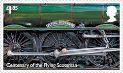 The Flying Scotsman £1.85 Stamp (2023) In close-up at Shildon, County Durham