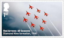 Red Arrows - 60 Seasons 1st Stamp (2024) Diamond Nine formation, 1968
