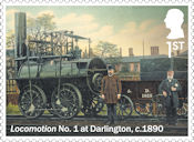 Steam Locomotives 1st Stamp (2025) A historic image of Locomotion No. 1 at Darlington, circa 1890