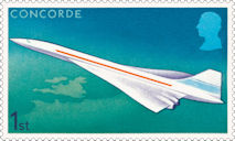 Concorde 1st Stamp (2026) Concorde in flight over the British Isles and France by Michael and Sylvia Goaman on the 1969 4d stamp.
